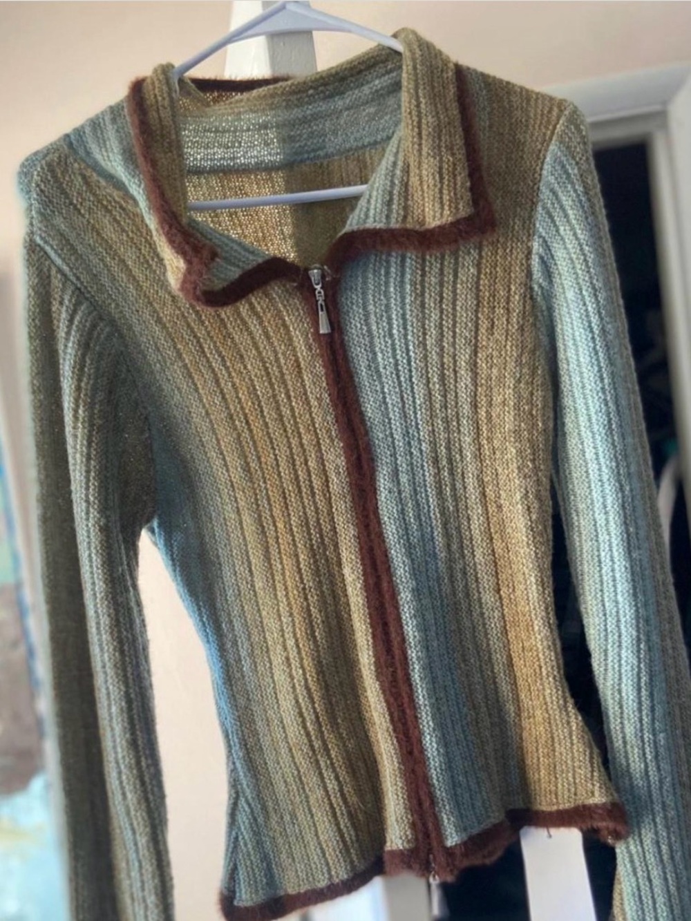 Striped Rib Knit Zip-Front Women's Sweater - Green & Brown